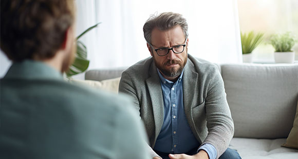 a pensive man sitting on a sofa in discussion with a medical professional