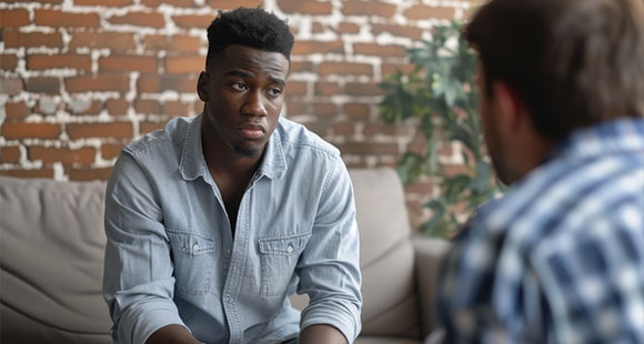 a saddened man sitting on a sofa in a brick room talking with another man